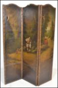 A Victorian 19th century leather hand painted oil painting scene 3 fold draught /  discretion