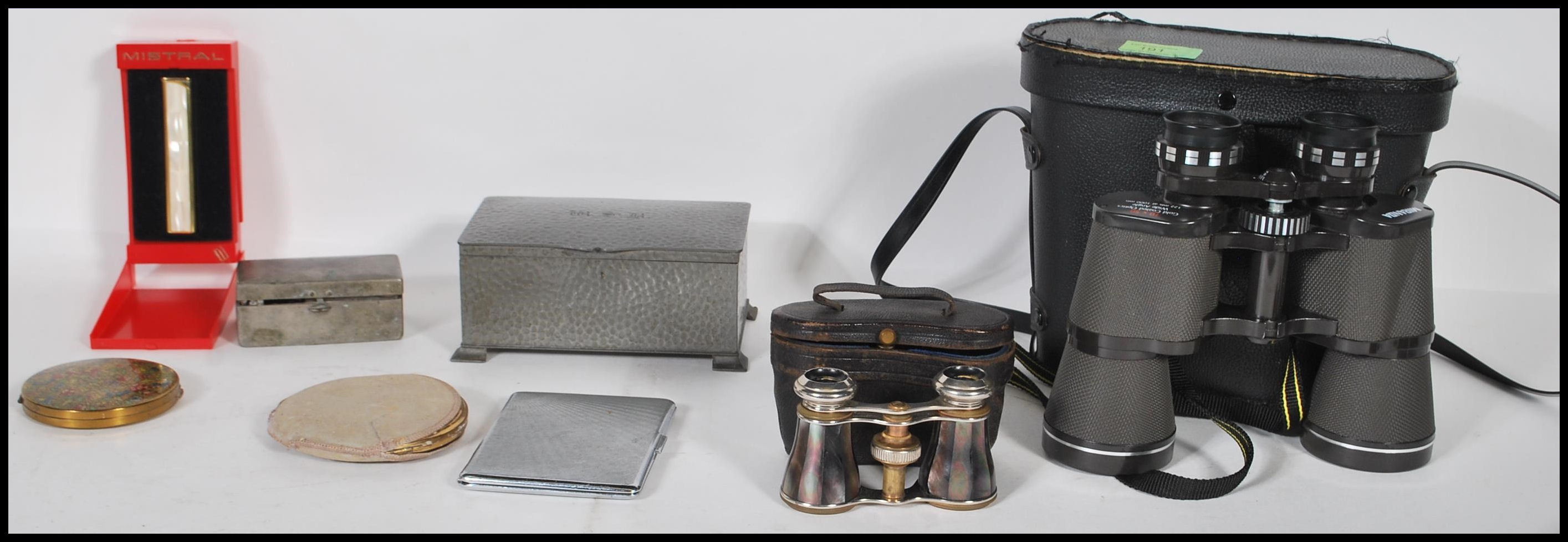 A collection of items to include a cased pair of Miranda binoculars, a tin cased Gillette vintage