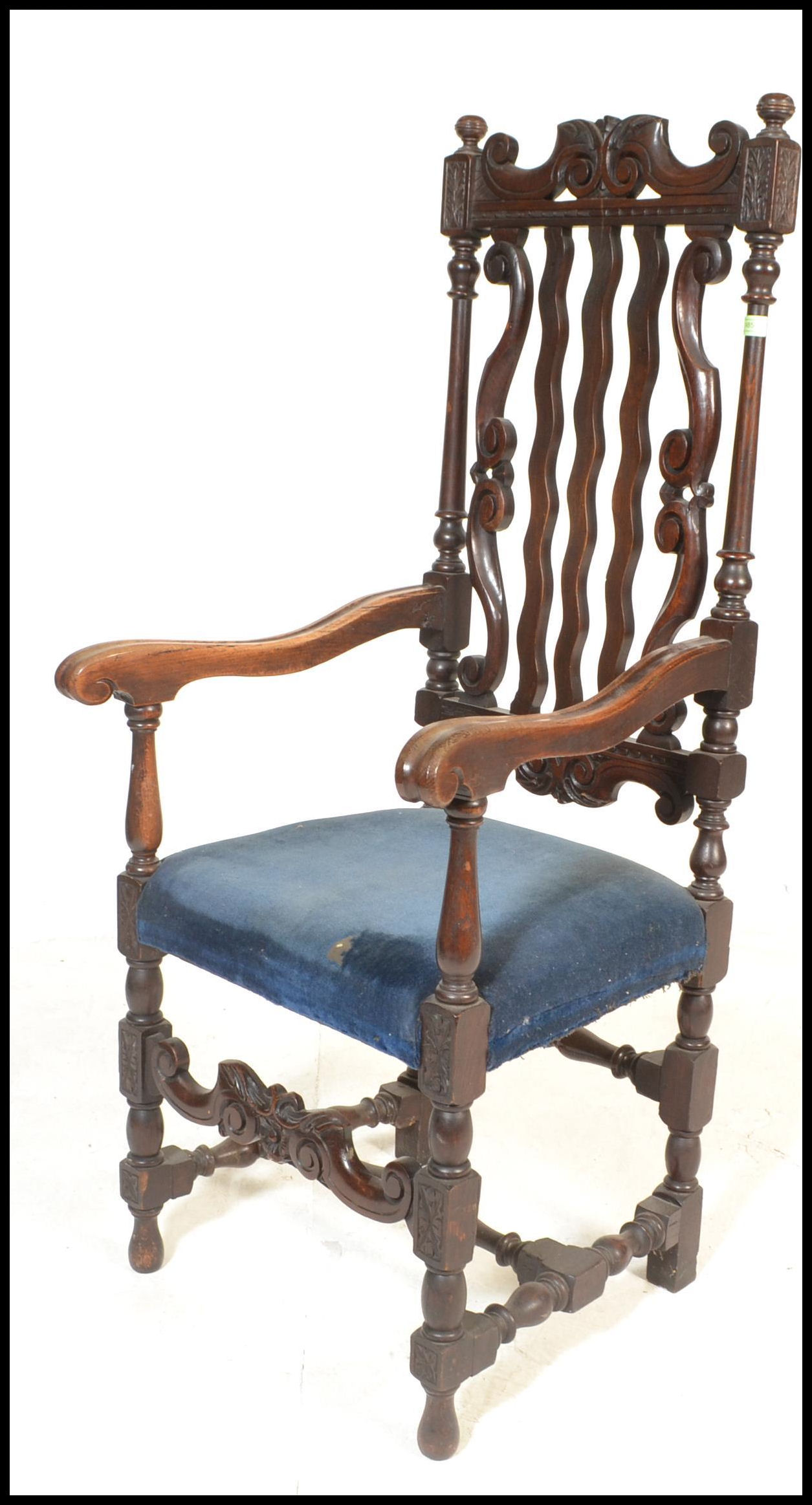 A 19th Century Victorian Carolean style carved oak arm chair, the cresting rail, with later - Image 4 of 7