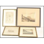 A collection of 19th Century pictures to include a pencil drawing of a couple in a garden with a
