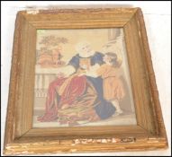 A 19th Century framed and glazed needlework tapestry depicting a seated religious gentleman beside a