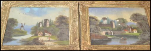 A pair of 19th Century reverse painting pictures depicting Dutch landscape scenes with windmills and