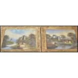 A pair of 19th Century reverse painting pictures depicting Dutch landscape scenes with windmills and