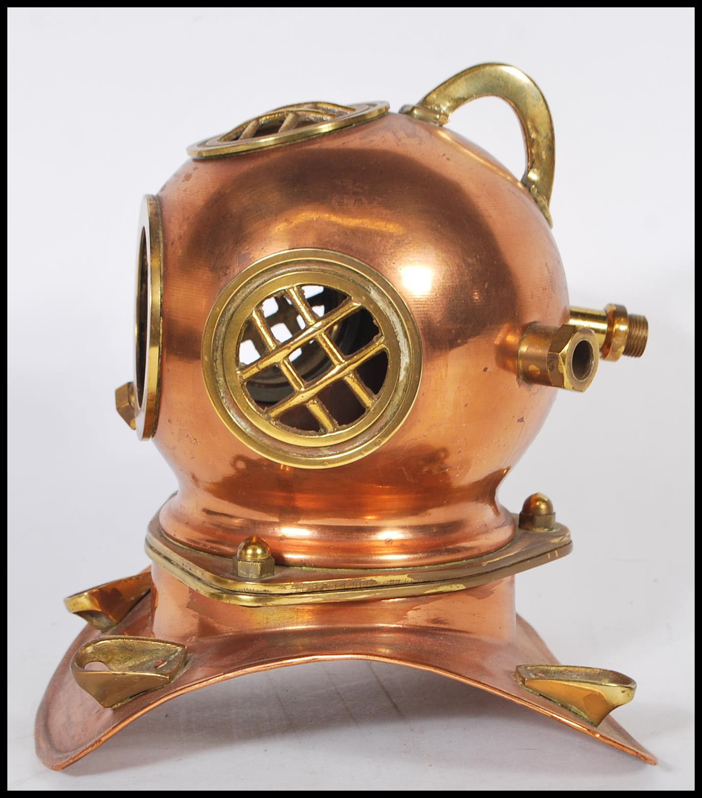 A vintage desktop model of an antique deep sea divers helmet having a copper body with brass - Image 4 of 6