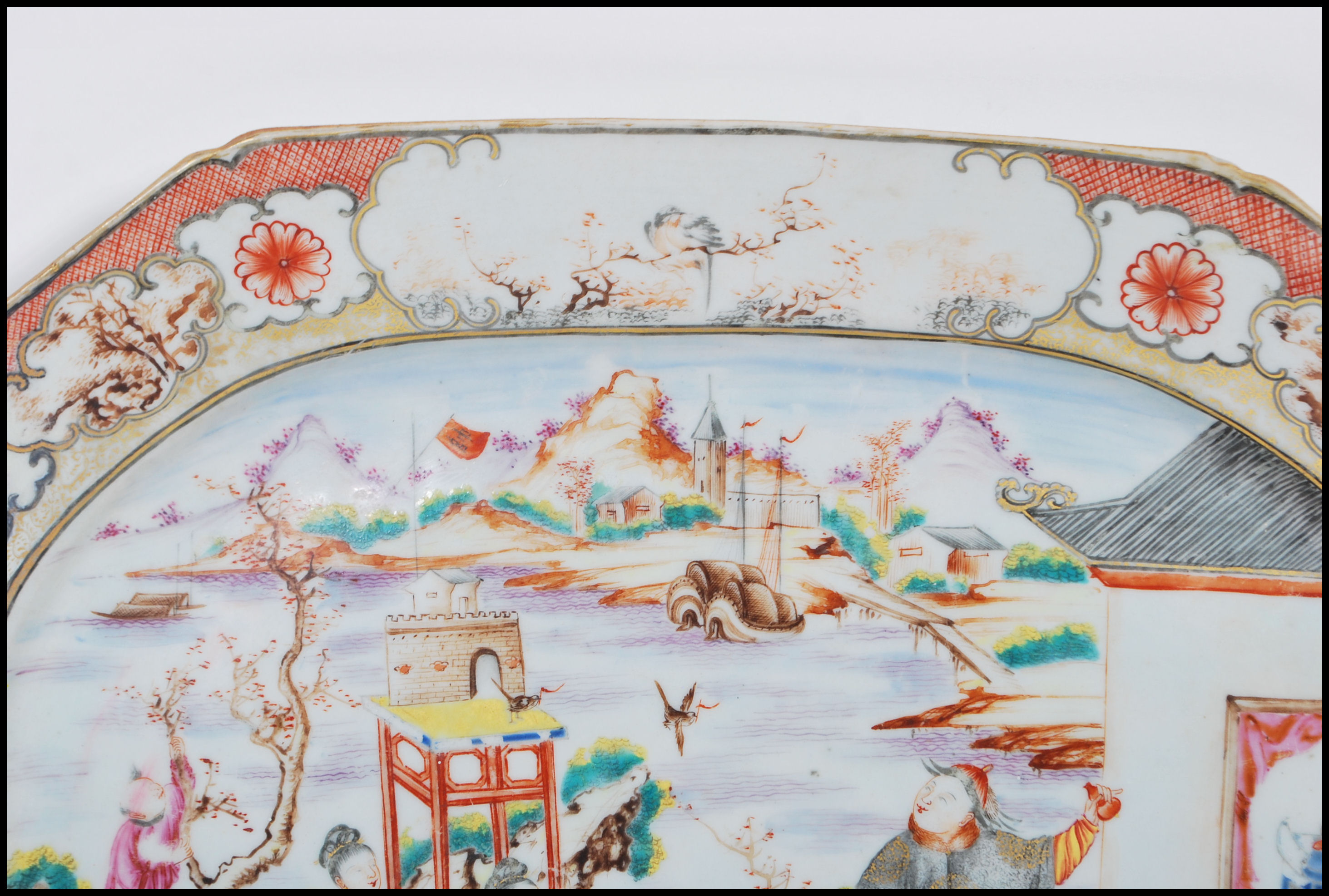 A 18th Century circa 1780 Qing Dynasty famille rose serving platter plate depicting a court yared - Image 2 of 6