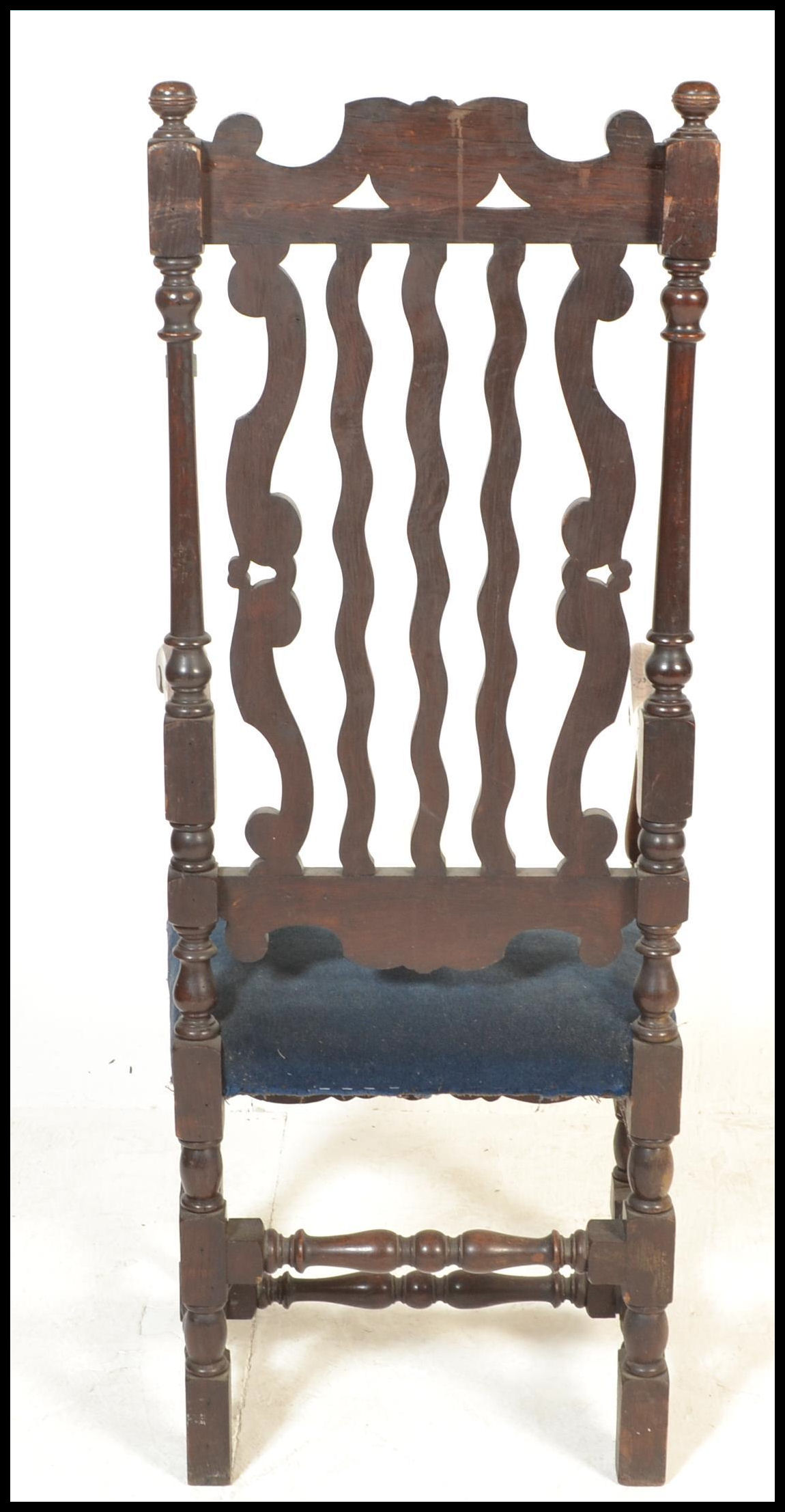 A 19th Century Victorian Carolean style carved oak arm chair, the cresting rail, with later - Image 6 of 7