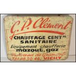 A vintage French 20th Century enameled metal advertising sign with cream ground and red and black