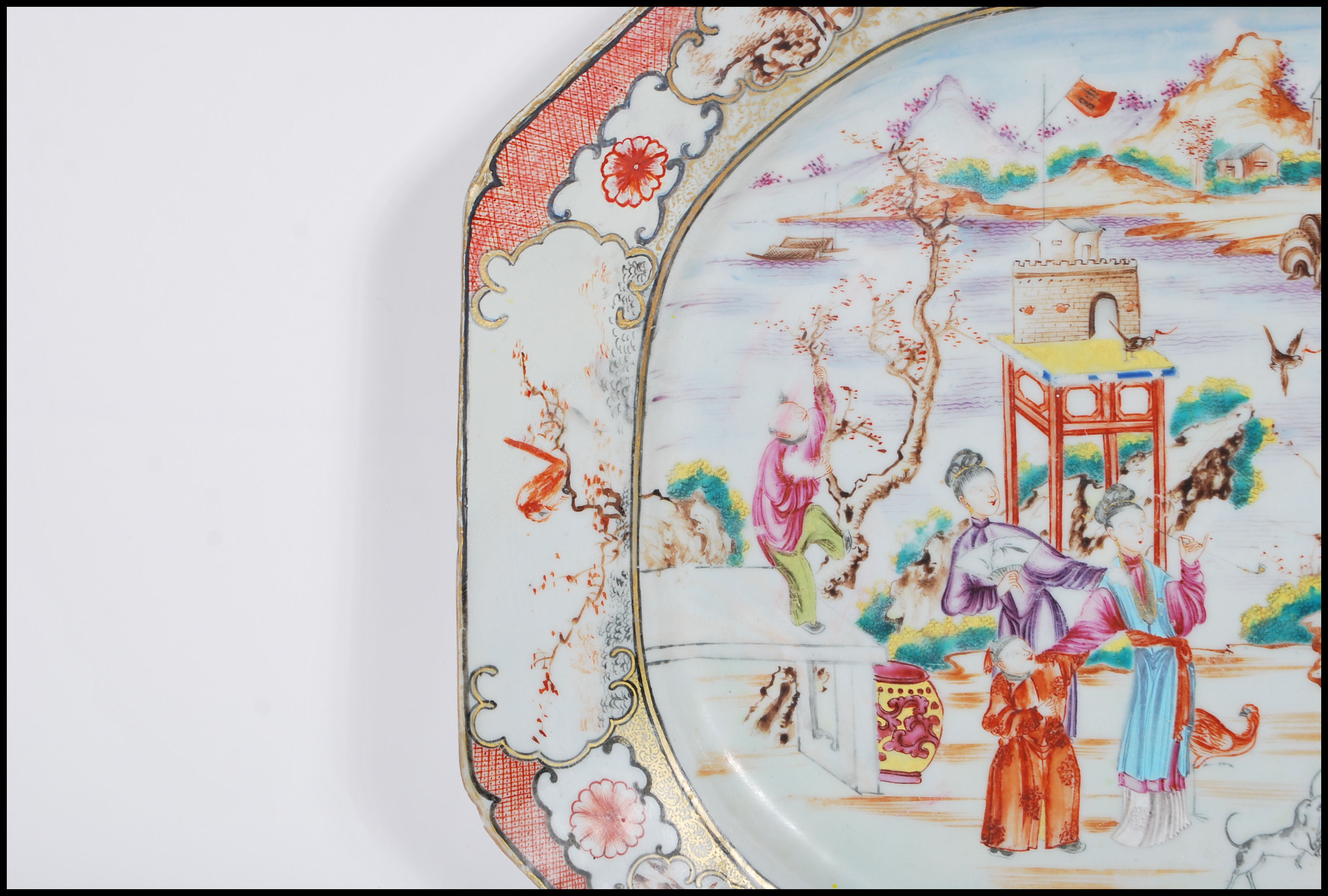 A 18th Century circa 1780 Qing Dynasty famille rose serving platter plate depicting a court yared - Image 5 of 6