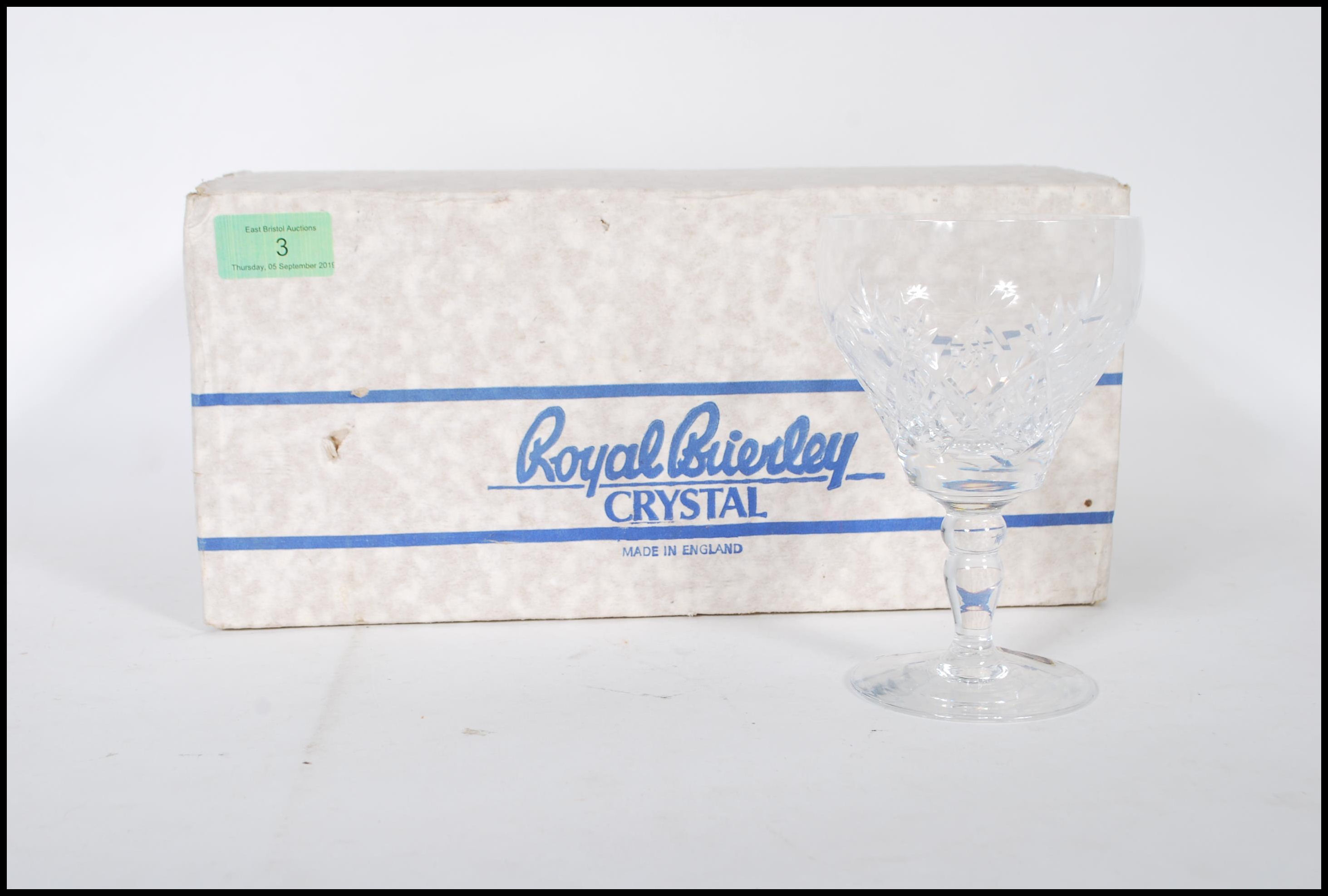 A set of six Royal Brierley cut glass crystal wine glasses in  the Elizabeth Goblet pattern, faceted