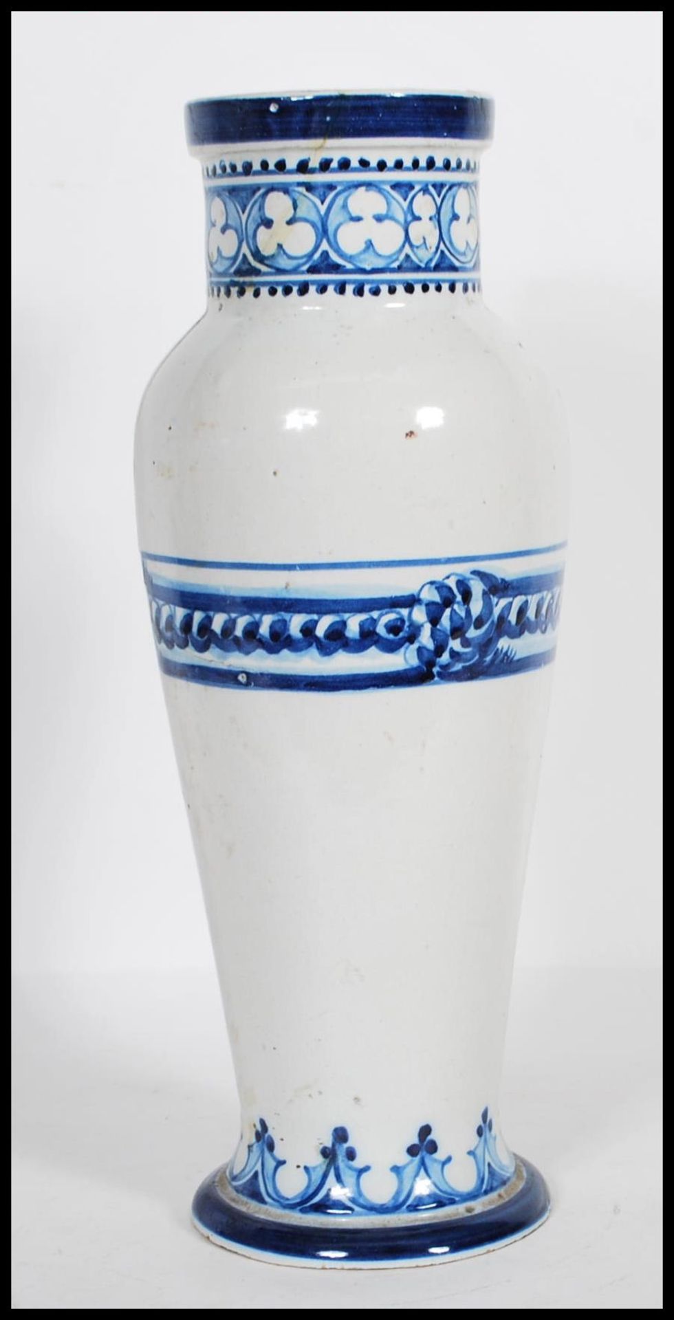 A 19th Century Italian faience vase of tapering form painted with a central cross and naval boat - Bild 3 aus 6