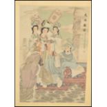 A 20th Century Chinese painting on silk depicting a Chinese nobleman and his servants having