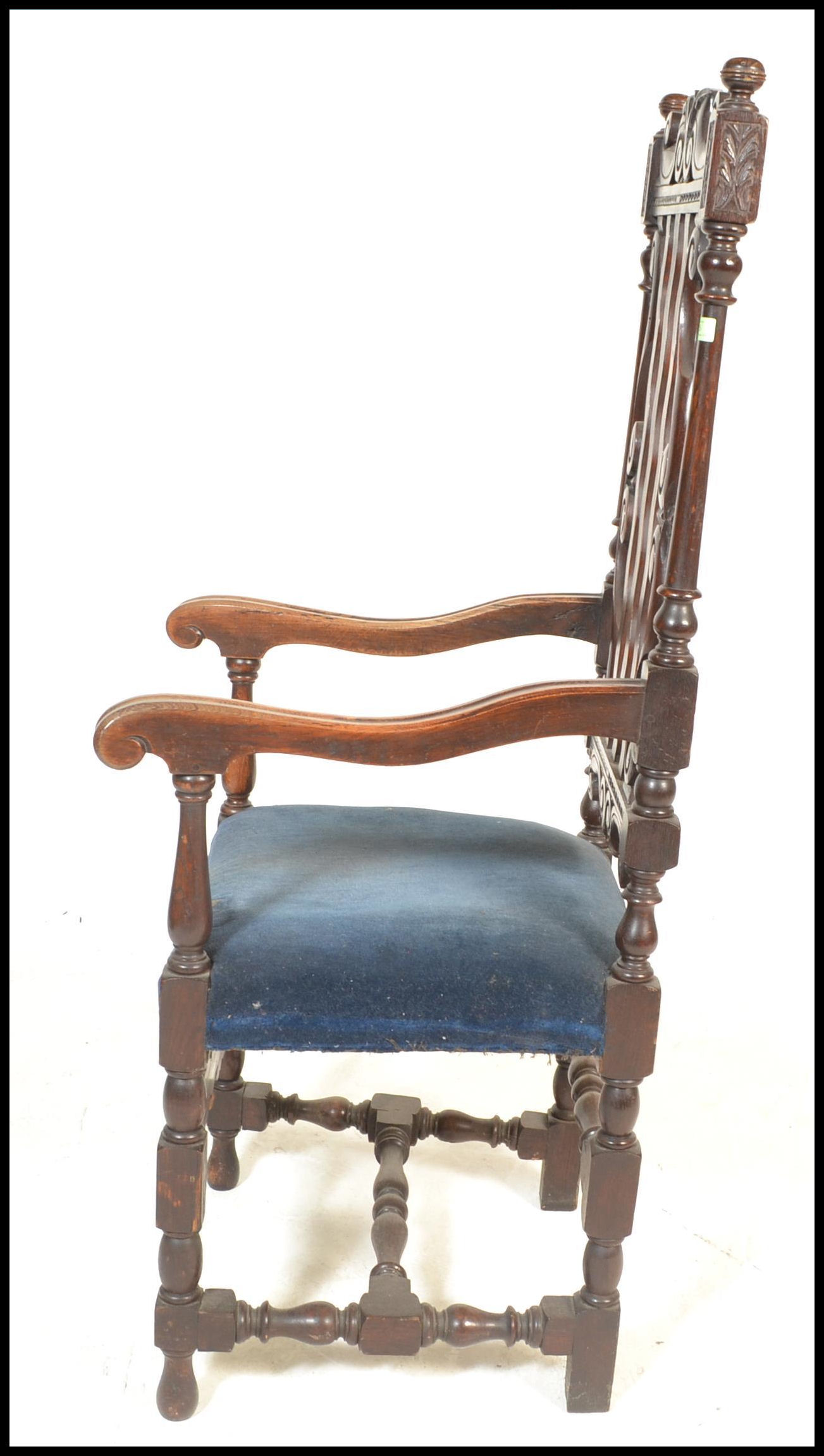 A 19th Century Victorian Carolean style carved oak arm chair, the cresting rail, with later - Image 5 of 7