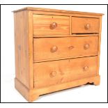 A 19th Century Victorian two over two scrubbed pine cottage chest of drawers, flared top over a