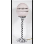 A early 20th Century 1930's Art Deco chrome table lamp having a spherical pink glass shade with
