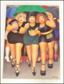 A limited edition Beryl Cook signed print entitled ' Clubbing In The Rain ' The print bearing a