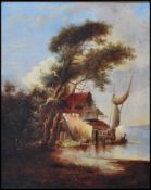 An early 20th Century oil on canvas painting depicting a water side boat house with a sail boat