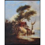 An early 20th Century oil on canvas painting depicting a water side boat house with a sail boat