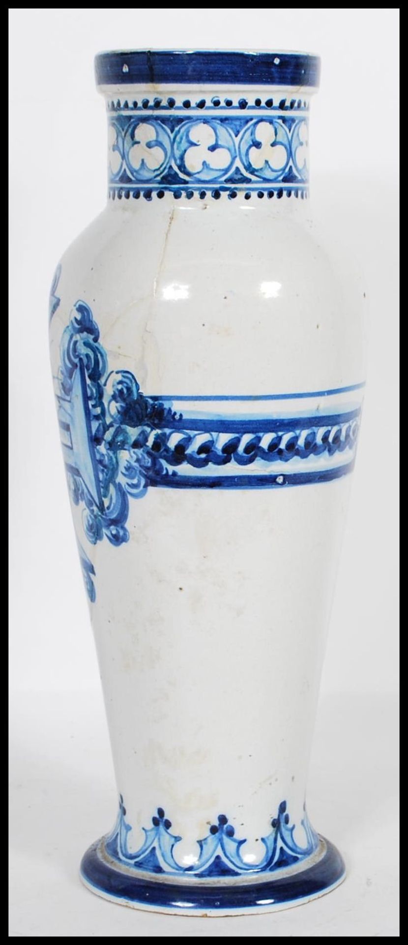 A 19th Century Italian faience vase of tapering form painted with a central cross and naval boat - Bild 4 aus 6