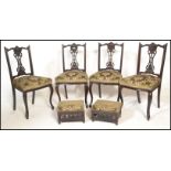 Set of four early 20th Century Edwardian inlaid salon dining chairs, with fret pierced backrests and