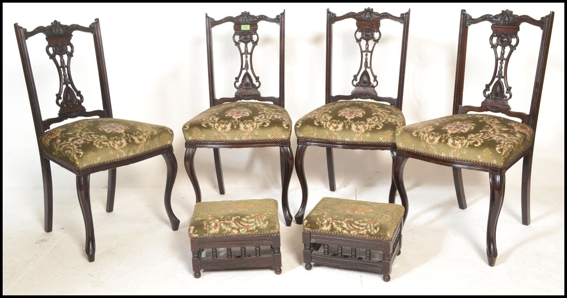 Set of four early 20th Century Edwardian inlaid salon dining chairs, with fret pierced backrests and