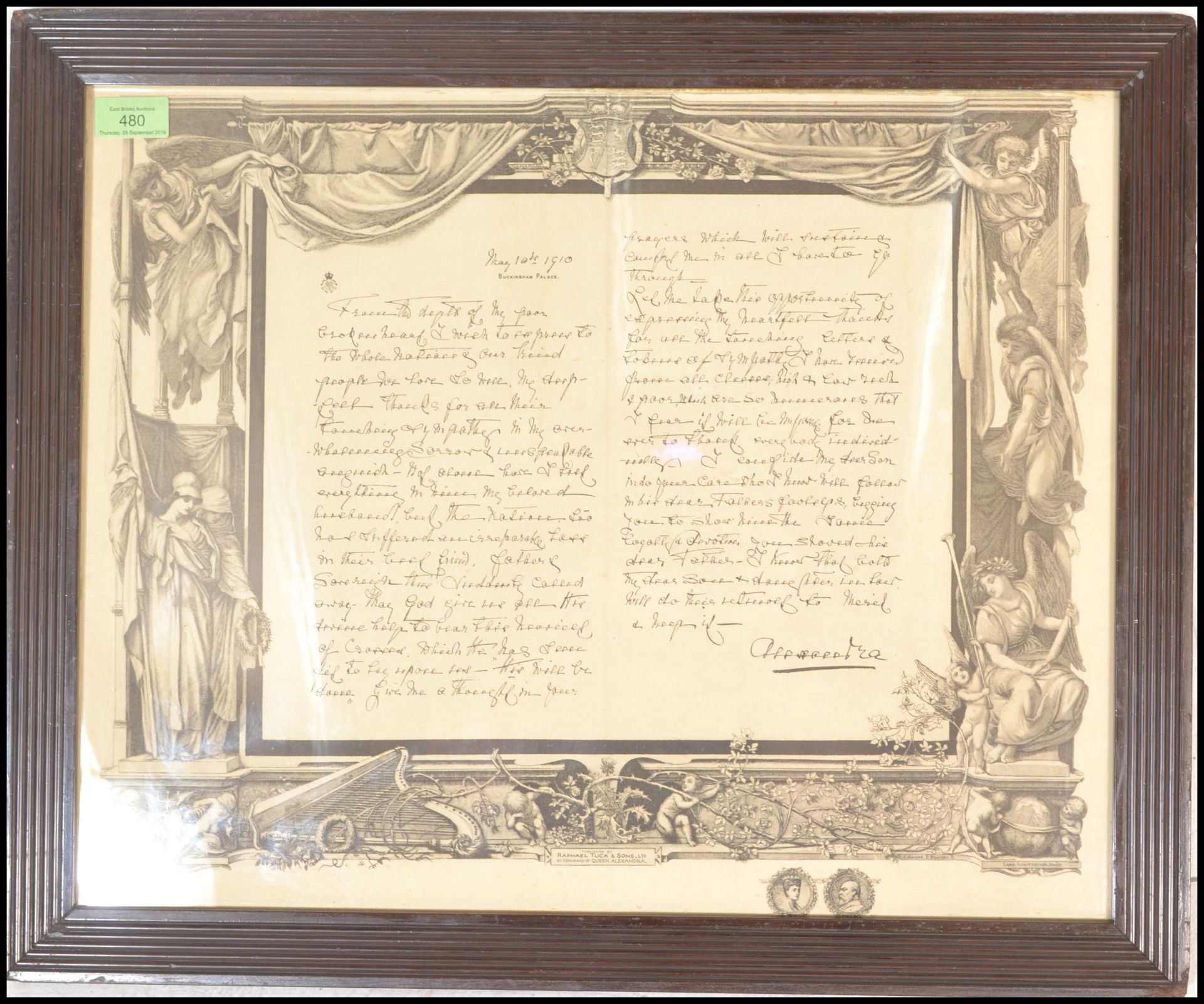 A 20th Century framed and glazed photomechanical print of a letter from Queen Alexandra concerning