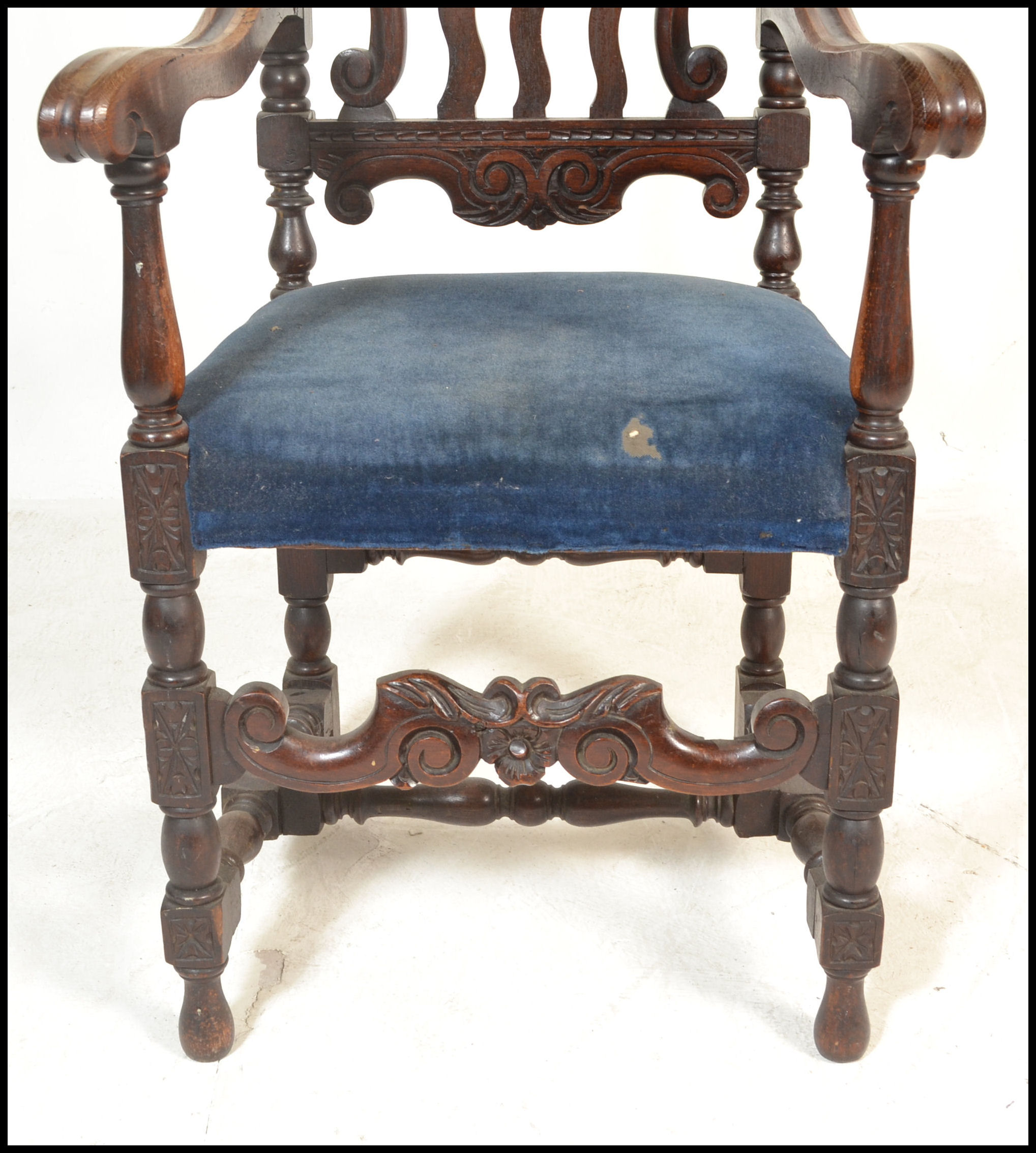 A 19th Century Victorian Carolean style carved oak arm chair, the cresting rail, with later - Image 3 of 7
