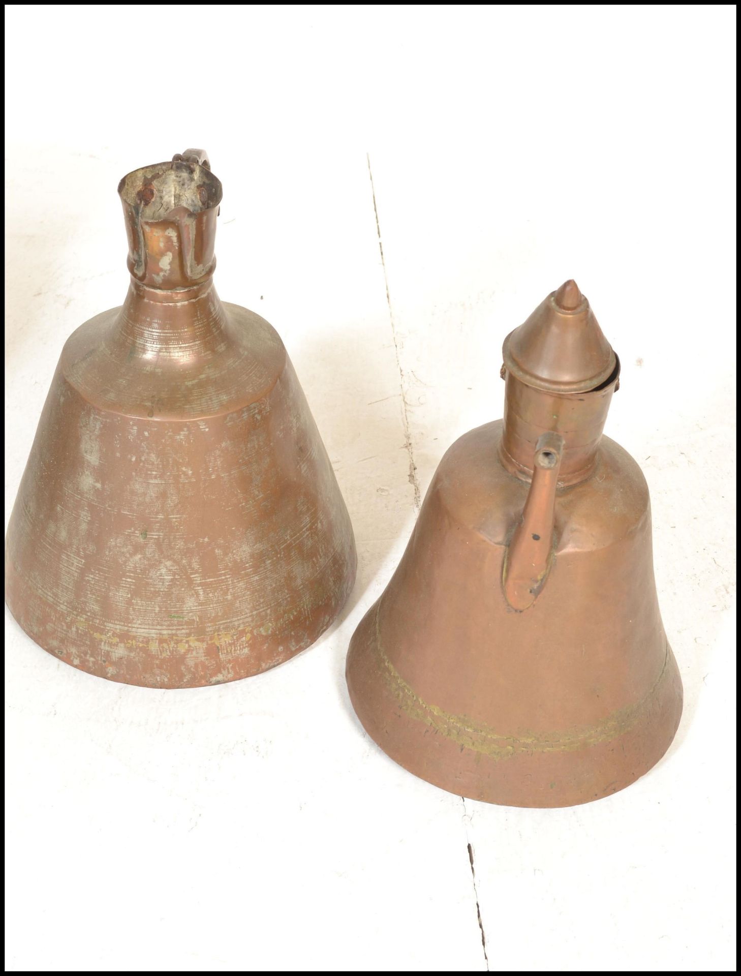 A 19th Century copper milk churn together with two Persian style hand worked coffee pots and a - Image 4 of 8