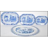 A set of three 19th Century Mason's ironstone graduating blue and white meat platters transfer