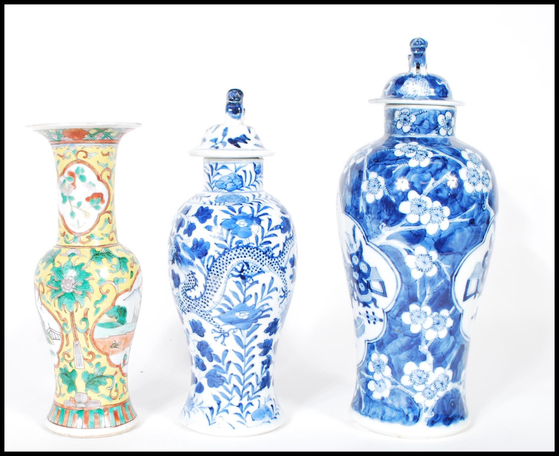 A group of three 19th Century Chinese vases / urns, one being famille jaune and verte having central - Image 2 of 6