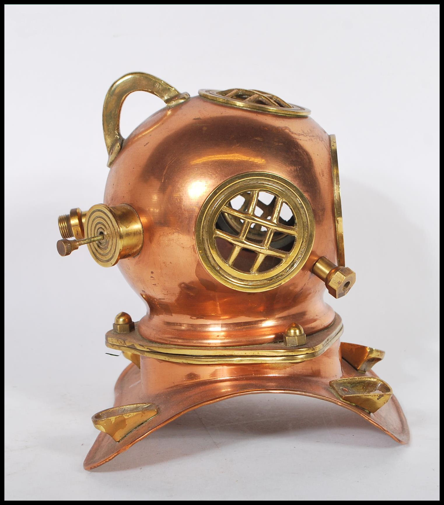 A vintage desktop model of an antique deep sea divers helmet having a copper body with brass - Image 2 of 6