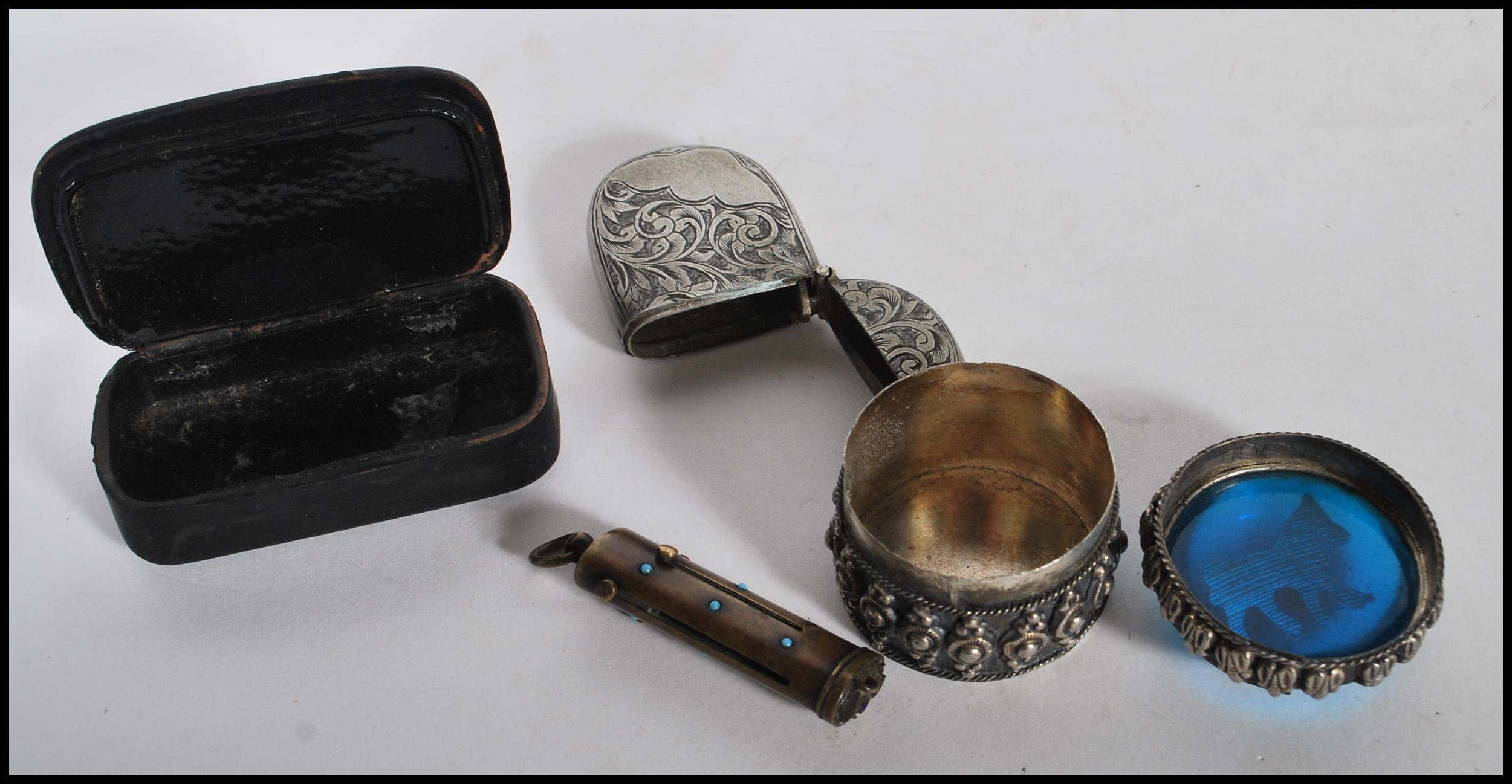 A selection of tools and cases to include a Georgian ebonised snuff box having scrolled foliate - Image 6 of 6