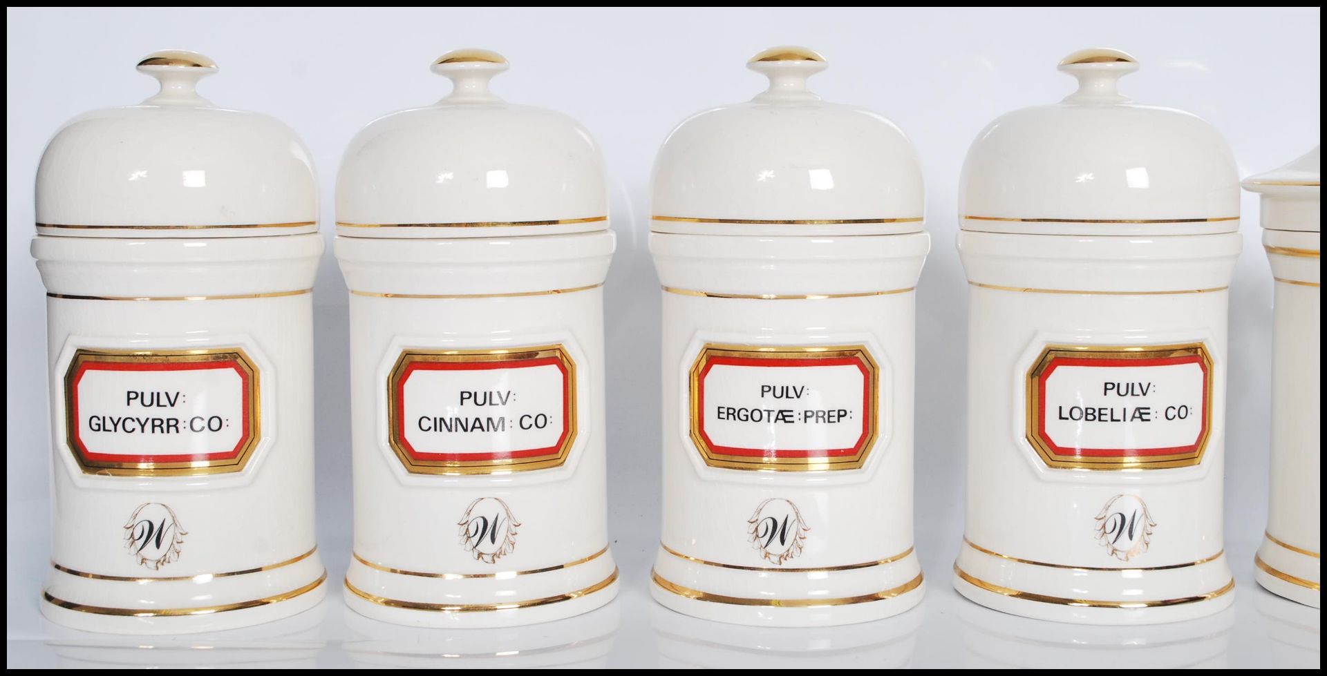 A group of twelve 20th Century Chalsyn Ltd ceramic apothecary jars and covers all having white - Bild 5 aus 10