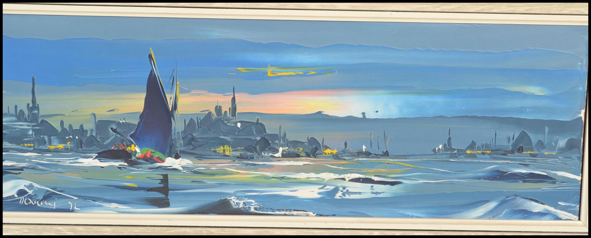 George R Deakins - Panoramic coastal scene with yachts, impasto oil on board picture painting, - Bild 2 aus 4