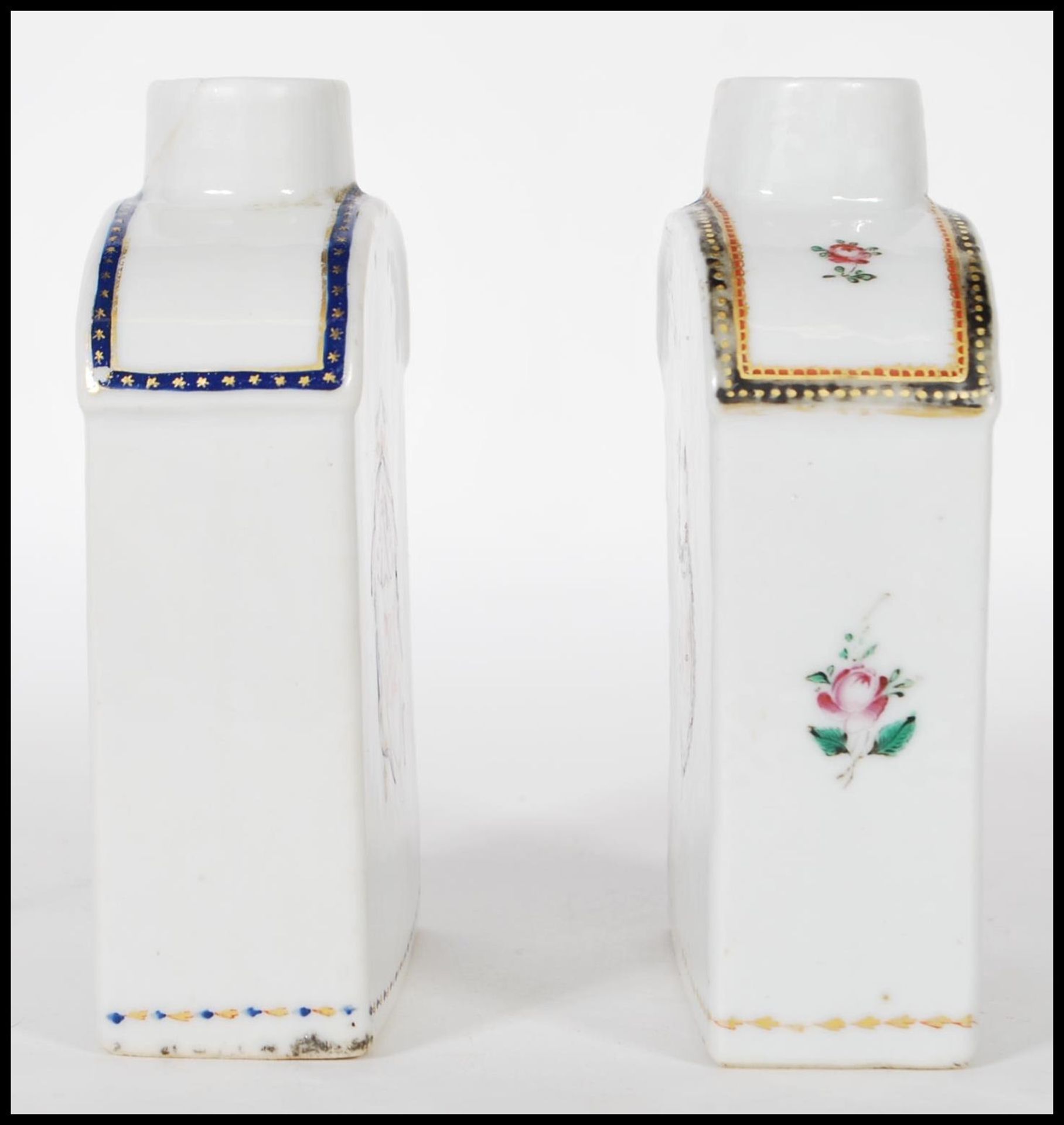 Two 18th Century Chinese export porcelain tea caddies both of rectangular form with domed shoulders, - Bild 2 aus 6