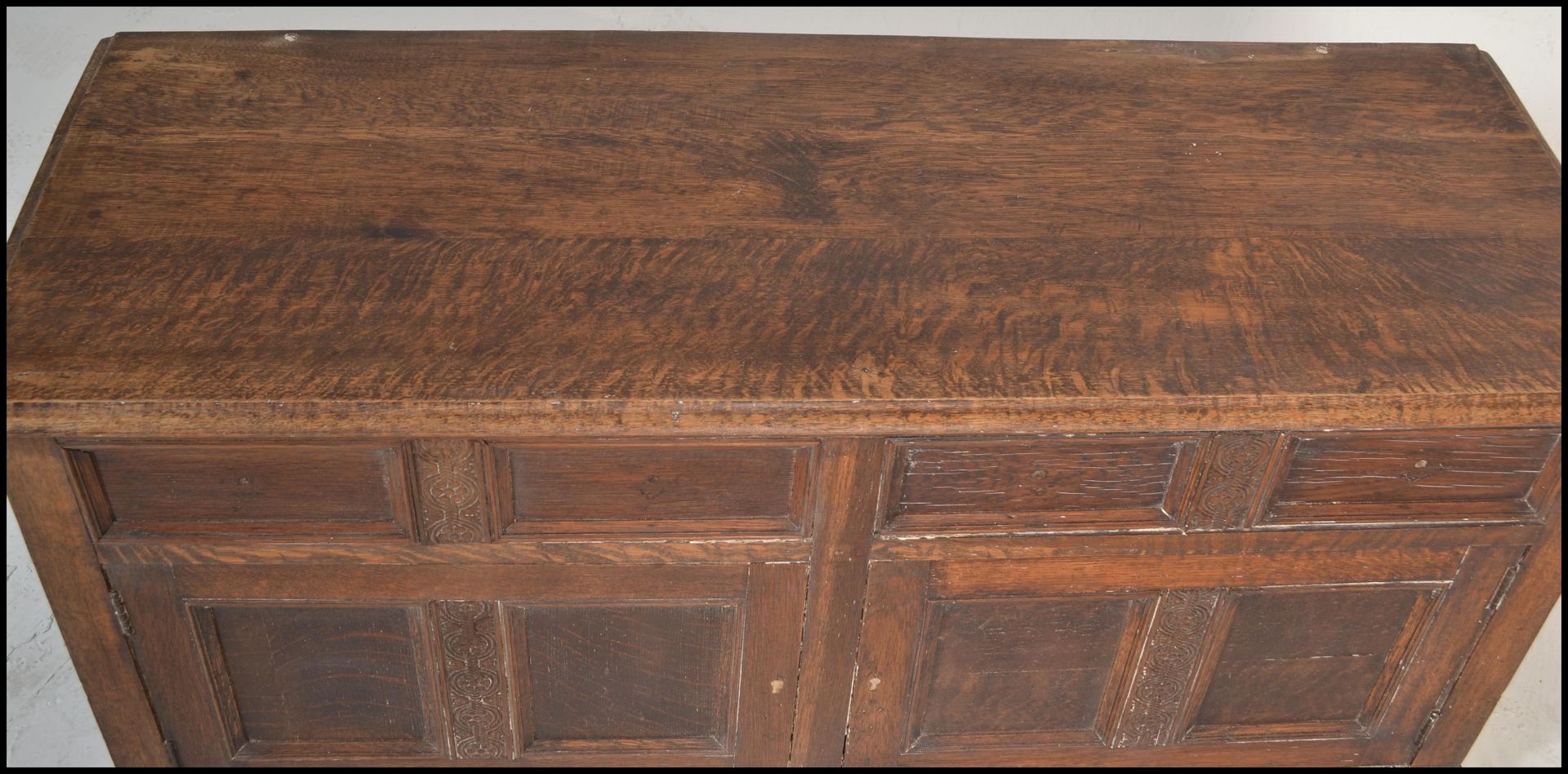 A 20th Century Jacobean revival panel oak coffer chest, panel sides and front with hinged top raised - Image 2 of 9