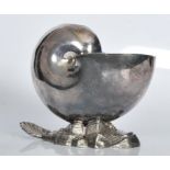 A late 19th Century Victorian silver plate spoon warmer in the form of nautilus shell set on a rocky