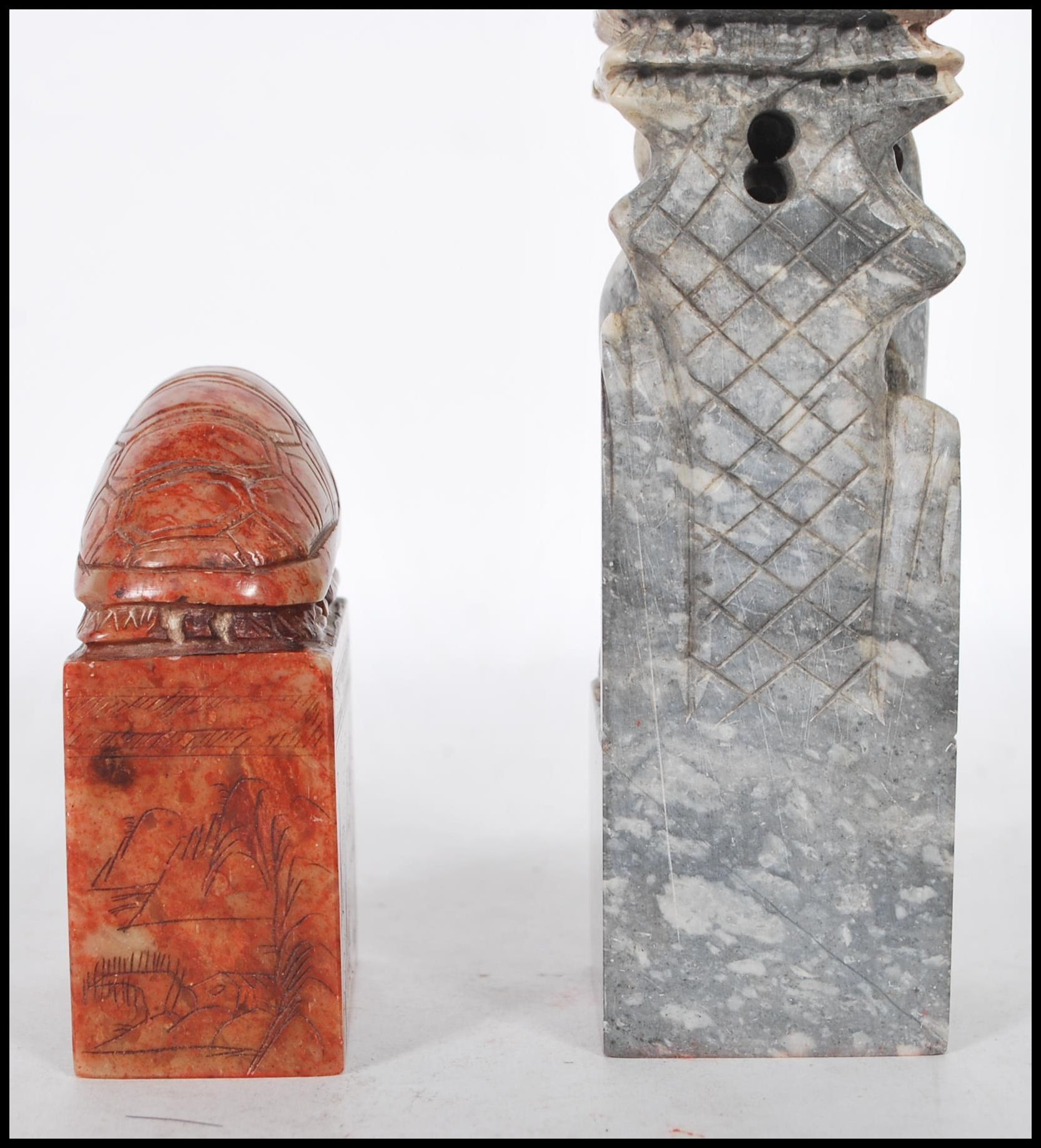 Two 20th Century Chinese carved soapstone cylinder desk seals of rectangular form, one carved into - Image 10 of 16