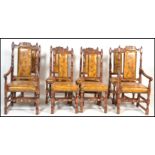 A set of eight oak and leather dining chairs, the two carvers and six carved back rail over