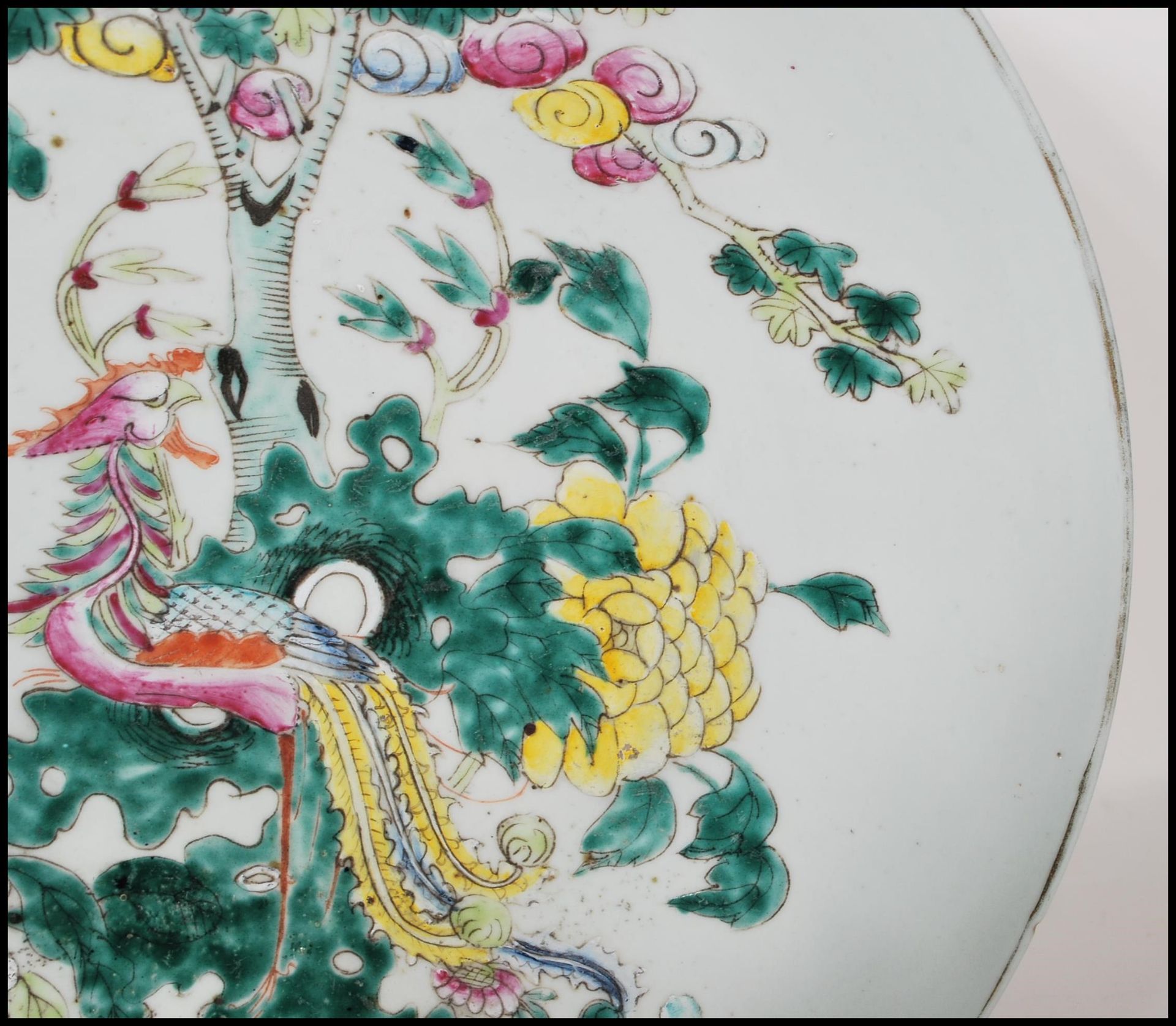 A large 19th Century Chinese Canton wall charger plate of round form having a celadon ground, - Image 6 of 7