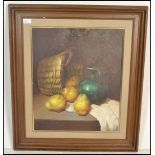 A 20th Century Italian oil on canvas painting depicting Sicilian lemons with a green glazed