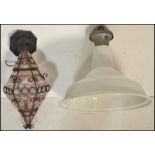 Two mid 20th Century vintage retro pendant ceiling lights to include a shaped amethyst murano