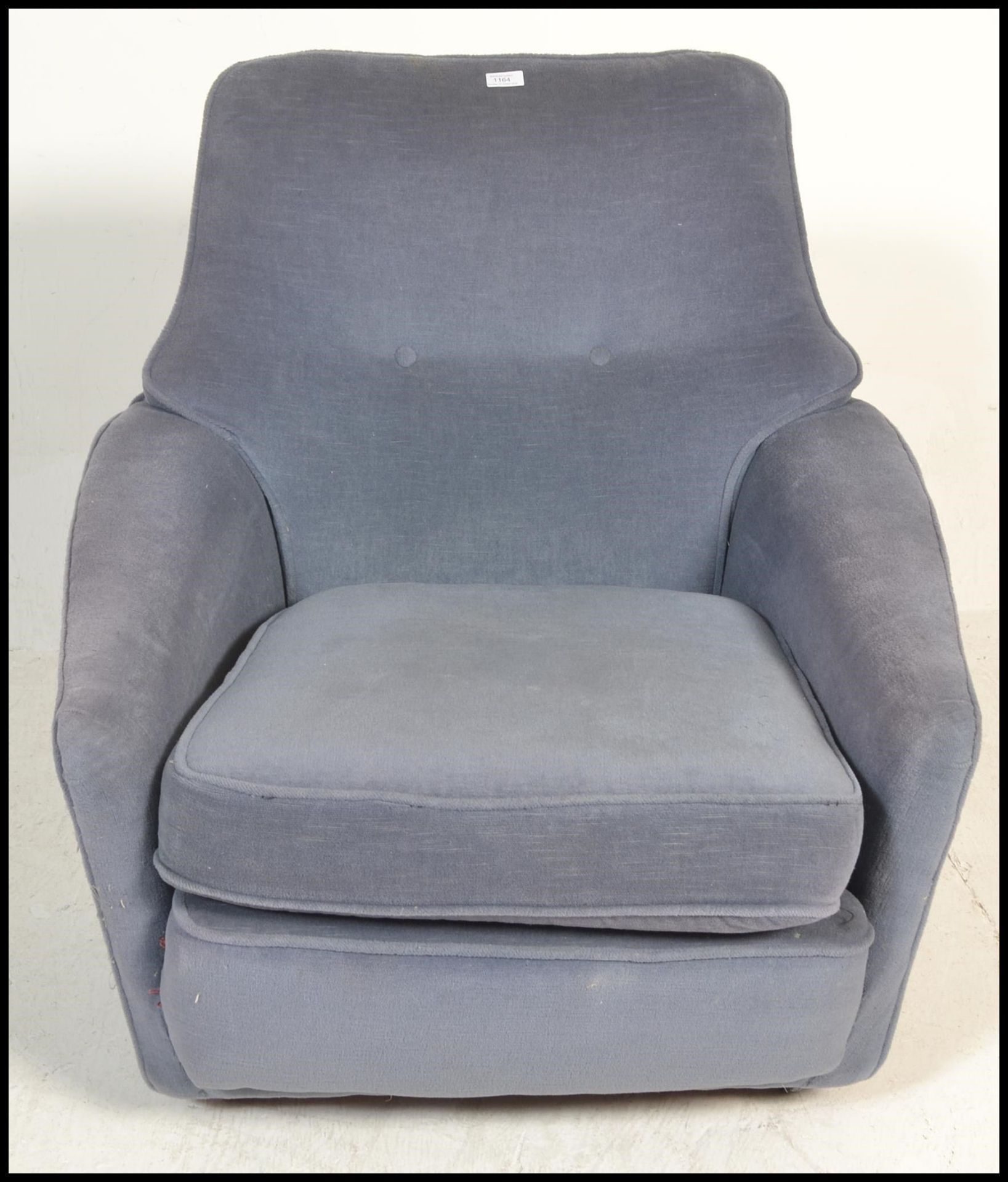A vintage 20th Century Danish inspired arm lounge chair having blue upholstery with button back - Image 2 of 6