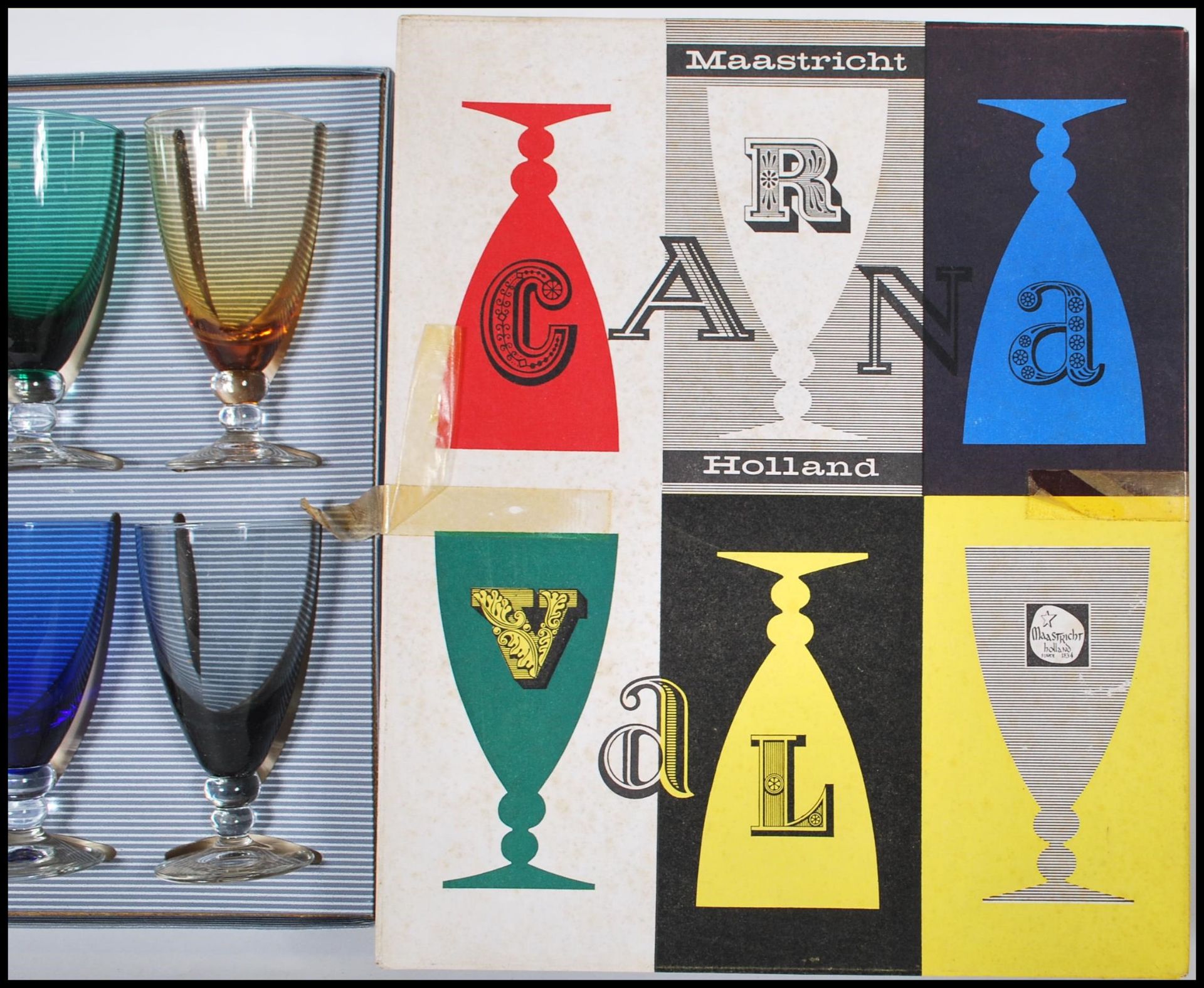A set of mid century Maastricht ' Canal ' glasses set x6. The set in the original box with multi - Bild 6 aus 6
