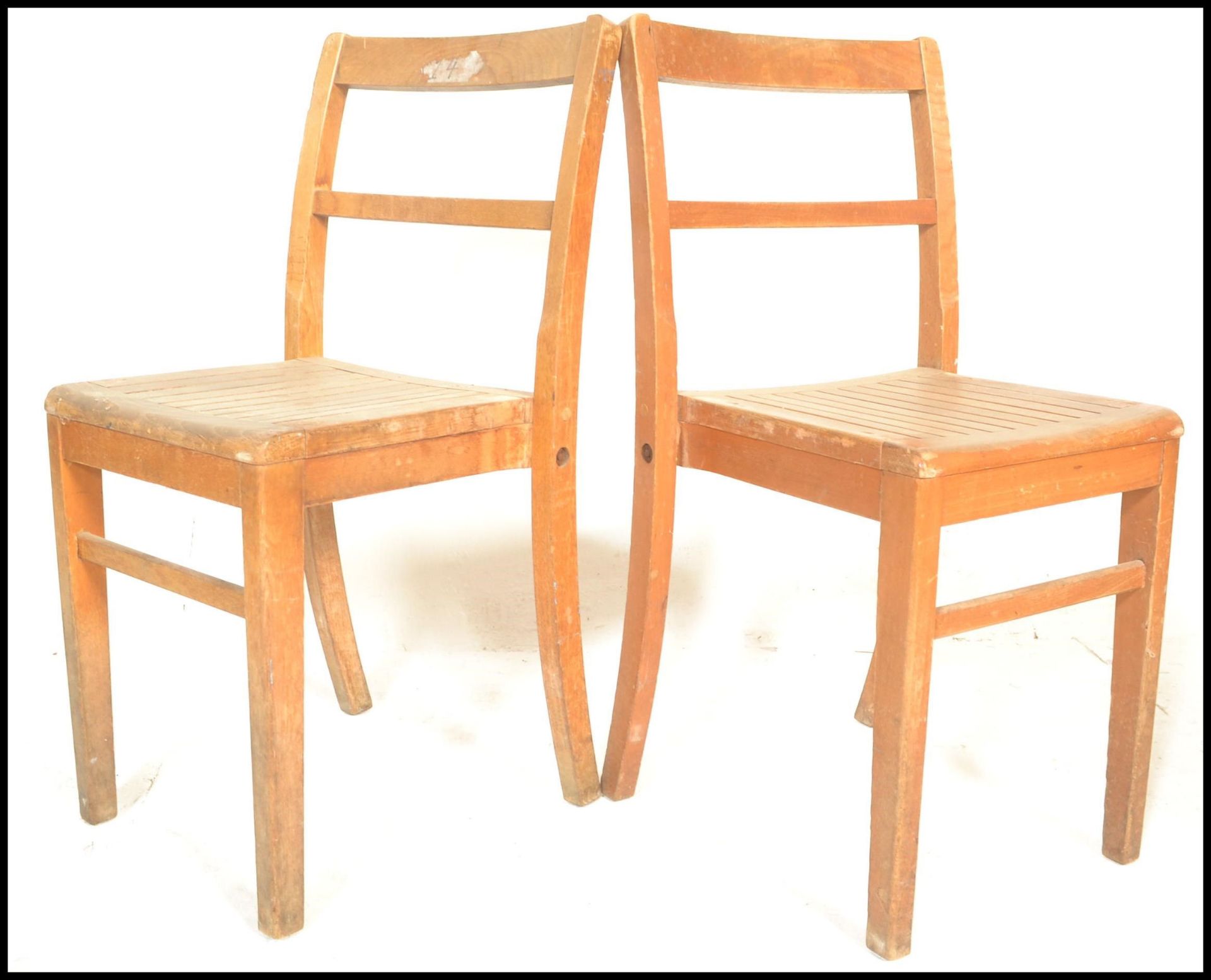 A set of 6 mid 20th century beech wood school / village hall dining chairs. Each with beech wood - Image 3 of 4