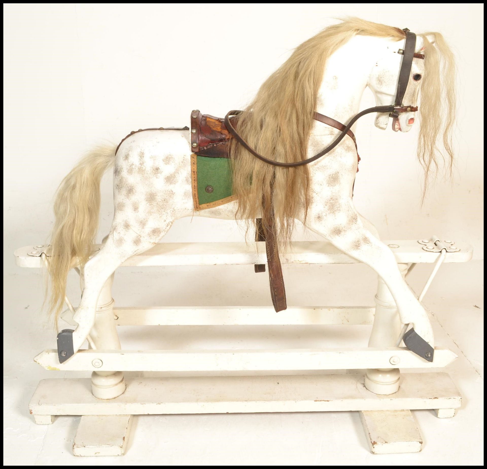 An early 20th Century Edwardian dapple grey rocking horse in the manner of Lines Bros, raised on a - Bild 3 aus 12