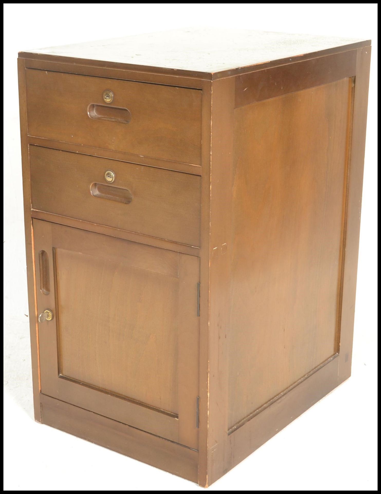 A 20th Century Air Ministry bedside locker, flared top over twin drawers with recessed handles and - Bild 4 aus 5