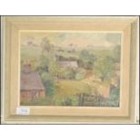 A 20th Century oil on board painting depicting country rural  scene of farm buildings believed to be