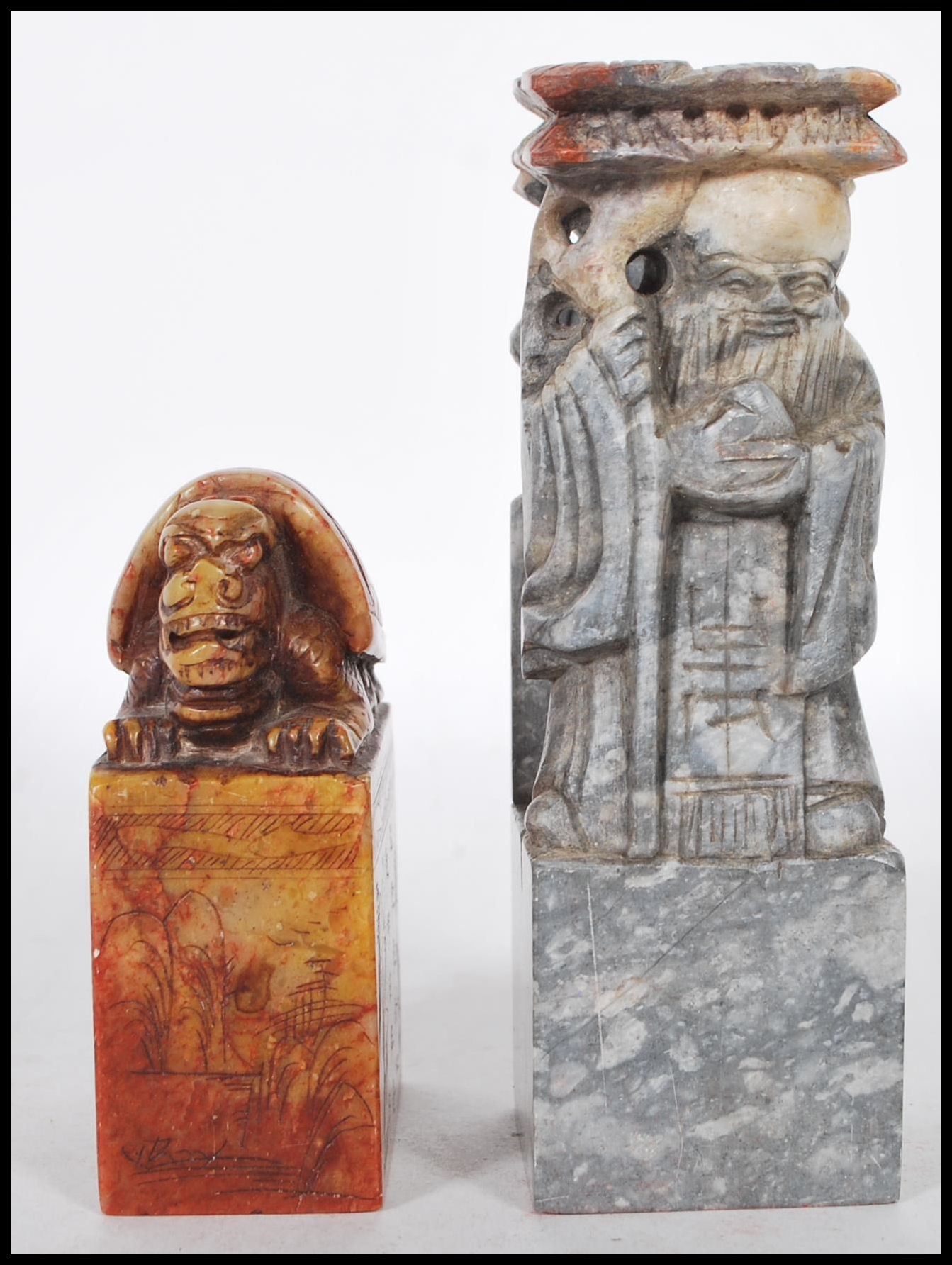 Two 20th Century Chinese carved soapstone cylinder desk seals of rectangular form, one carved into - Image 6 of 16