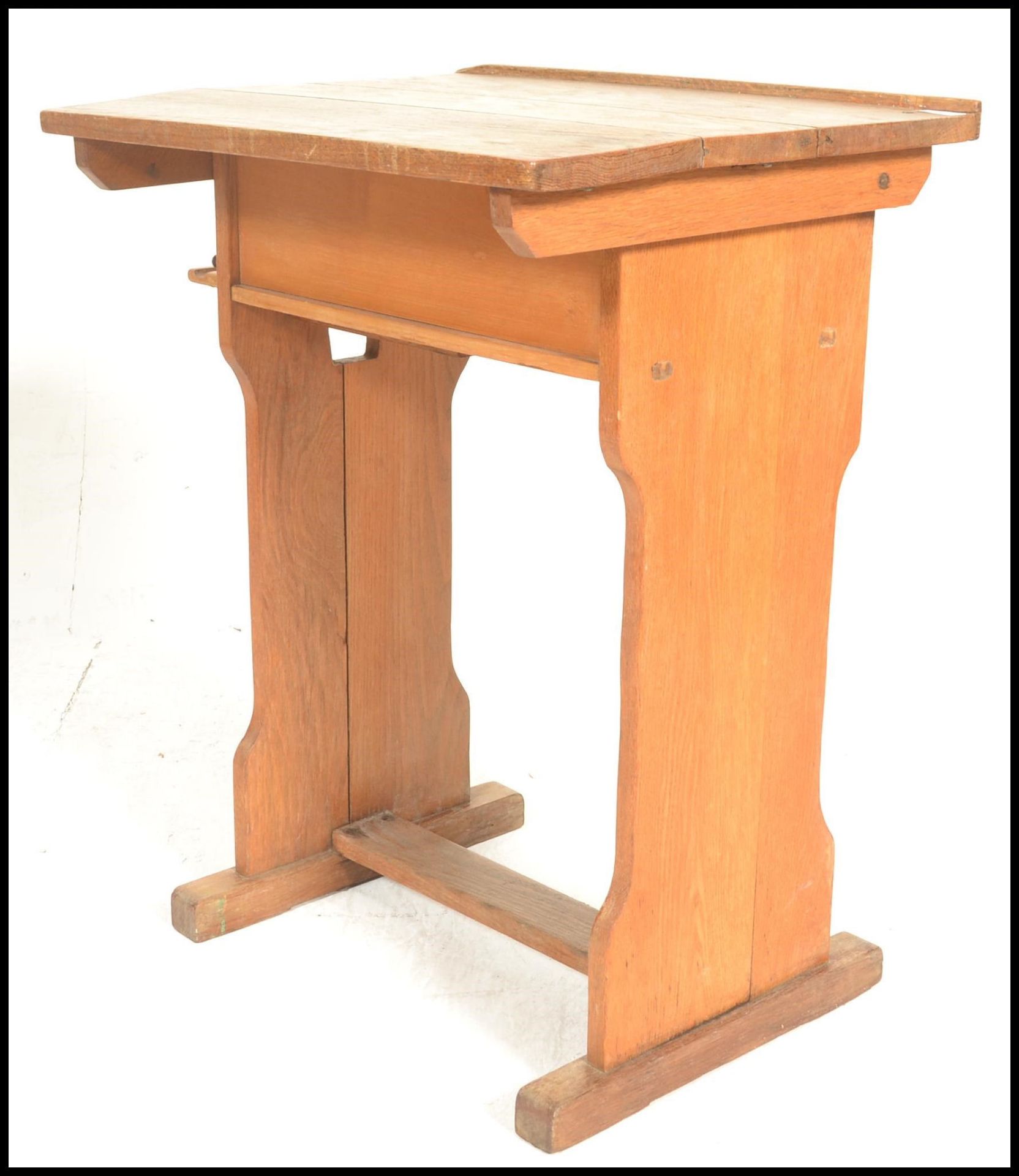 A vintage mid 20th Century beech school desk having adjustable tilt action to the top, swing out - Image 4 of 5