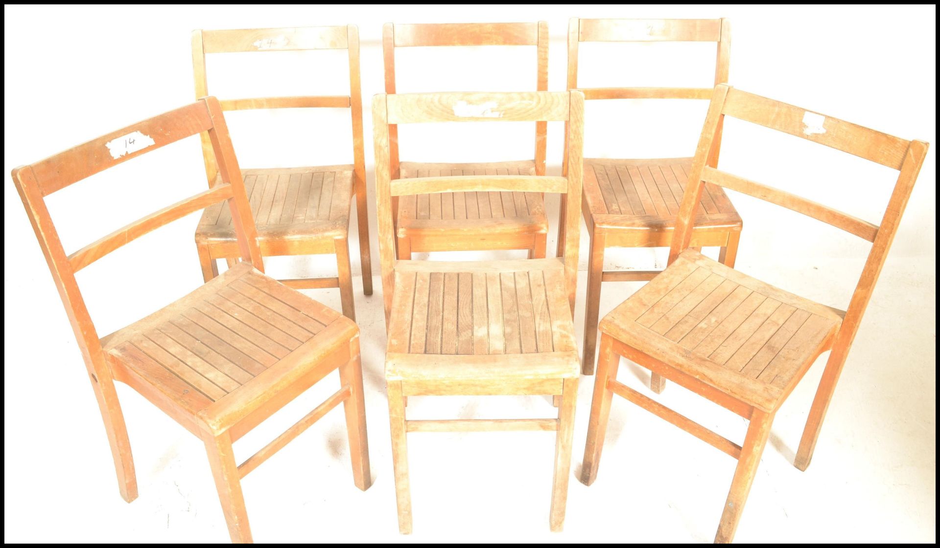 A set of 6 mid 20th century beech wood school / village hall dining chairs. Each with beech wood - Image 2 of 4